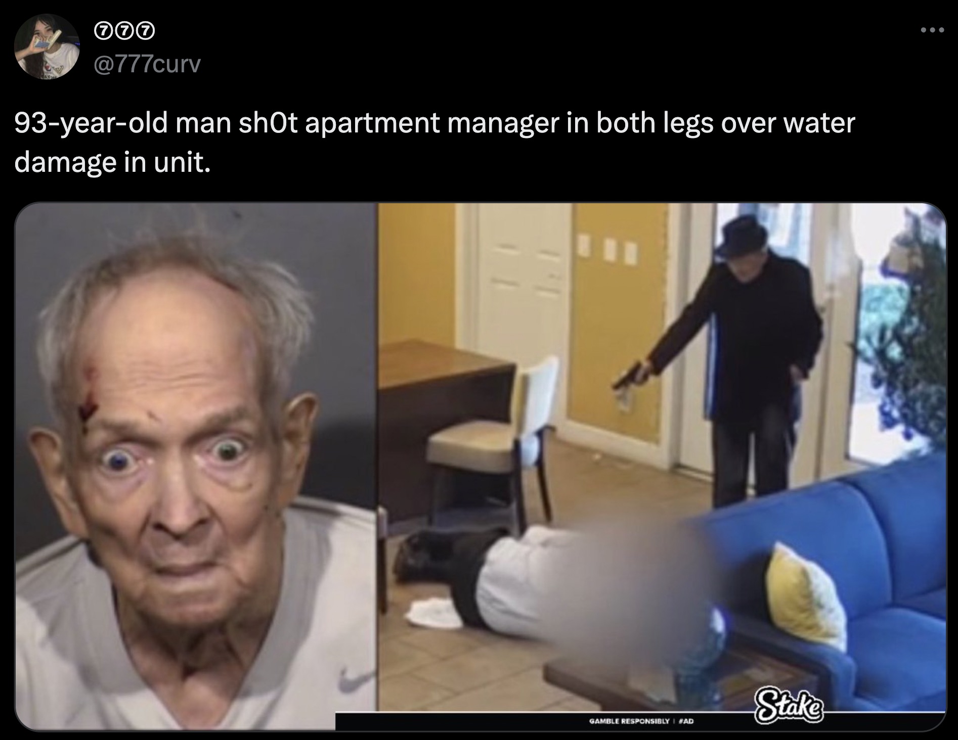 Apartment - 77 93yearold man shot apartment manager in both legs over water damage in unit. Gamble Responsibly I Sad Stake